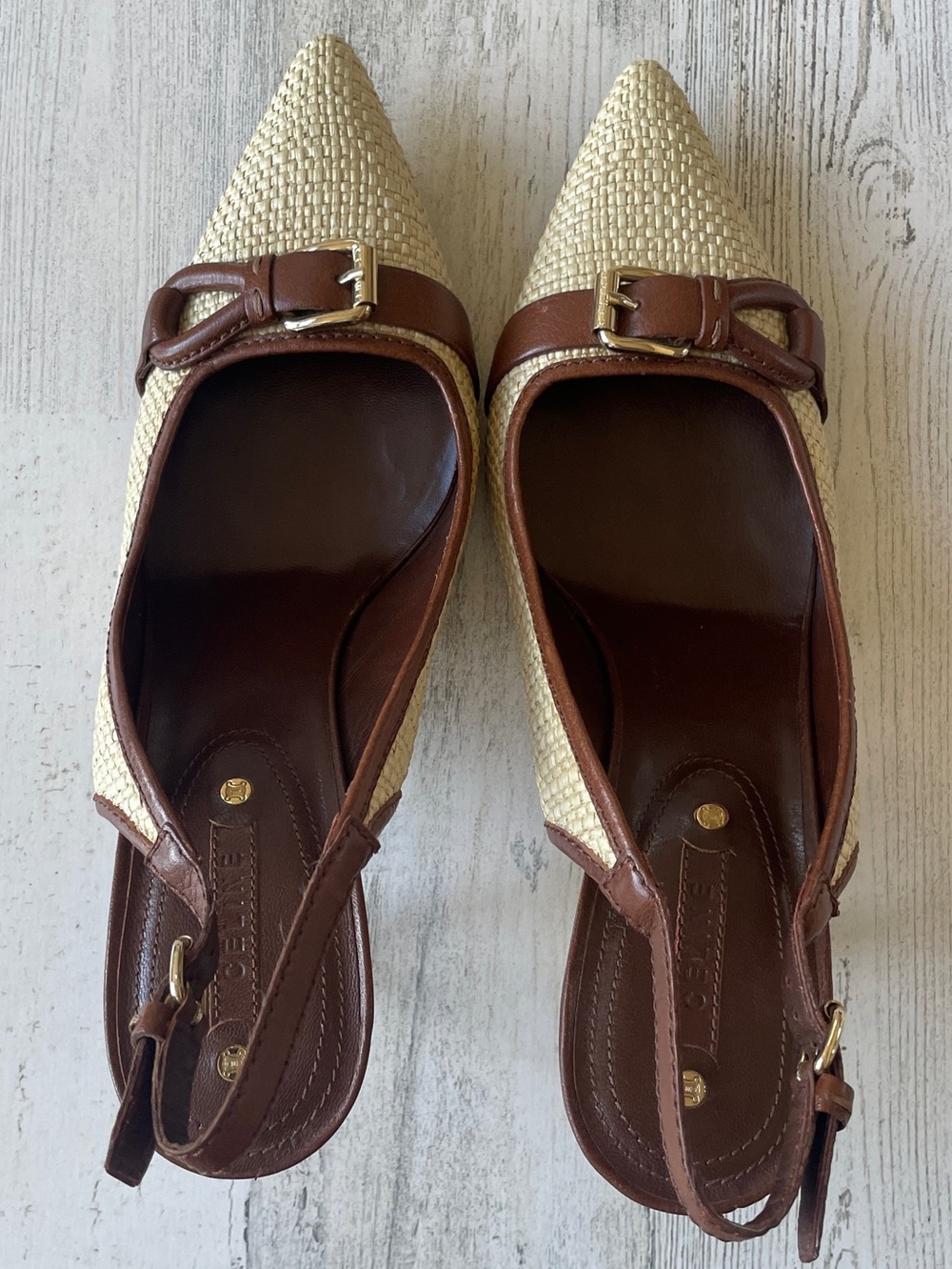 Celine Slingback Heels Brown Leather & Raffia Straw Pointed-Toe SZ 40.5 C US 9.5 - Picture 11 of 14